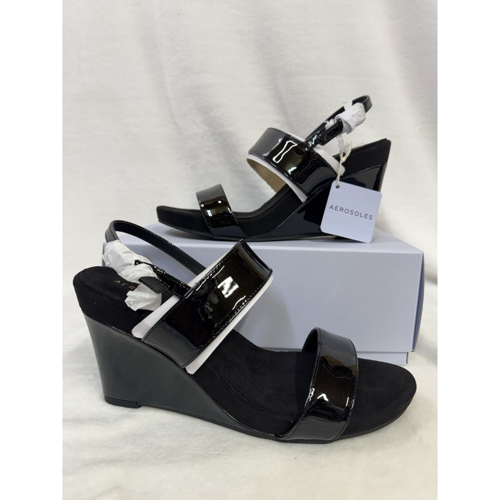 Aerosoles Petra Women's Wedge Sandals Black Patent Faux Leather Size 9.5